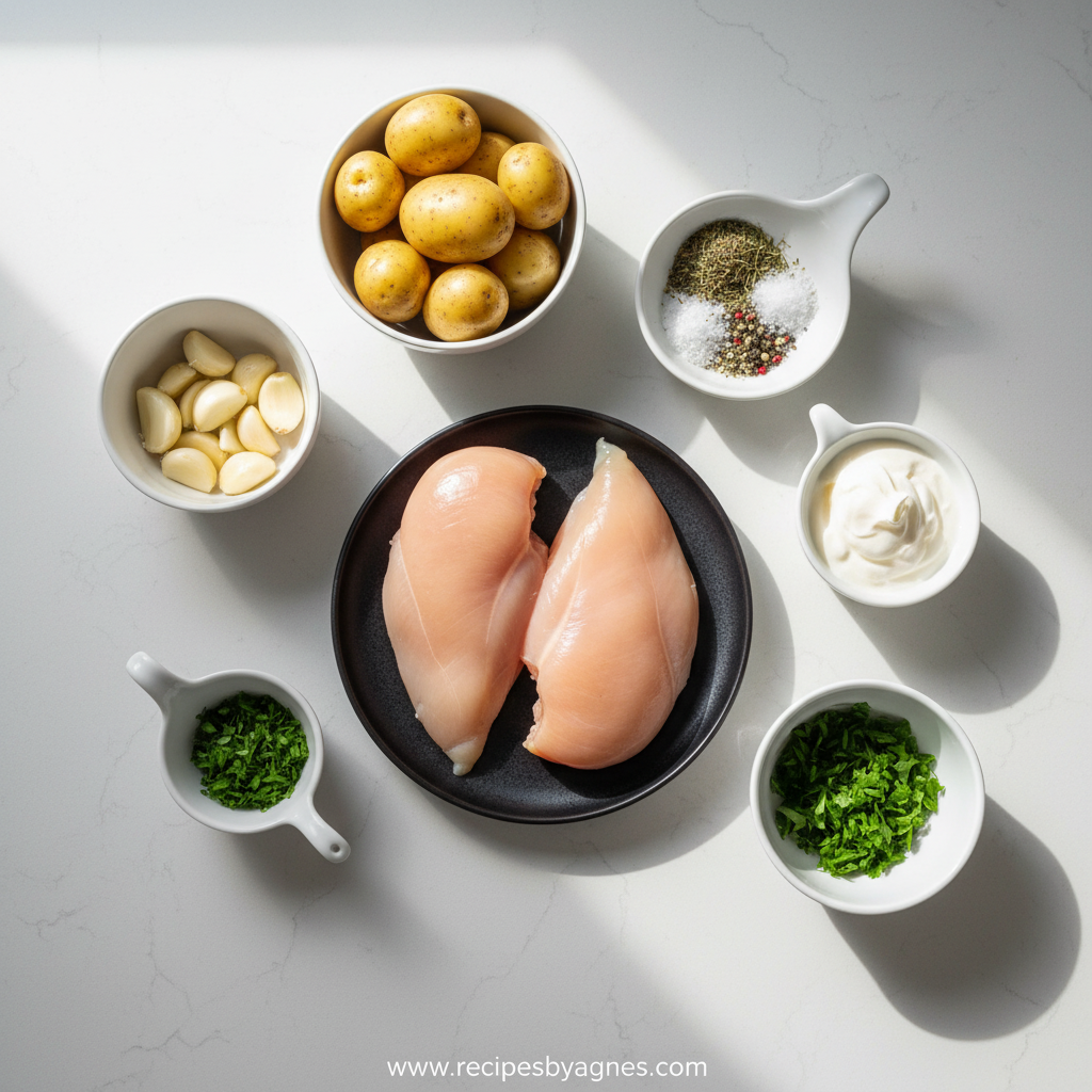 Ingredients for creamy garlic chicken and crispy potatoes high protein meal