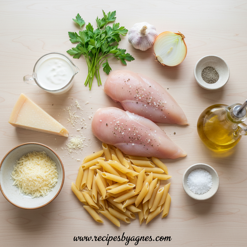 Ingredients for homemade chicken pasta including flour, eggs, chicken, and fresh herbs