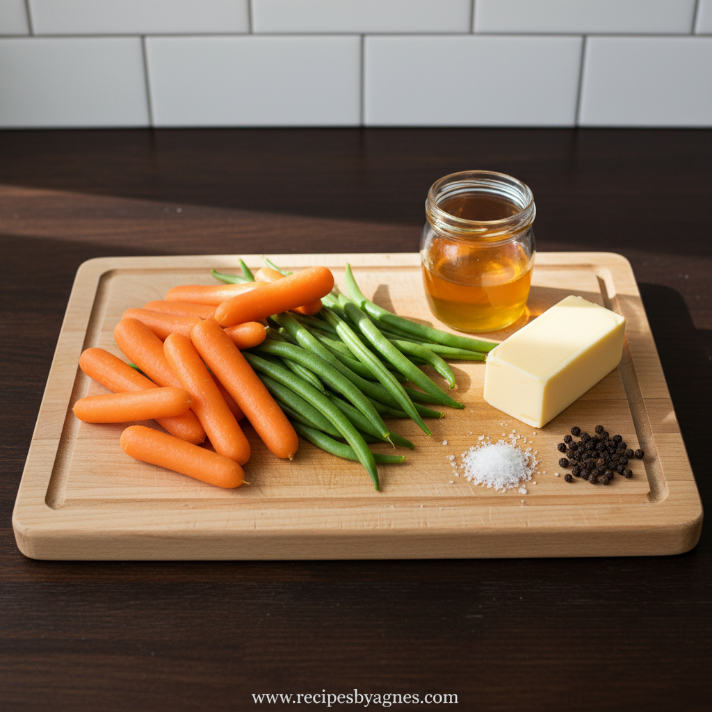 Fresh ingredients for honey glazed carrots and green beans