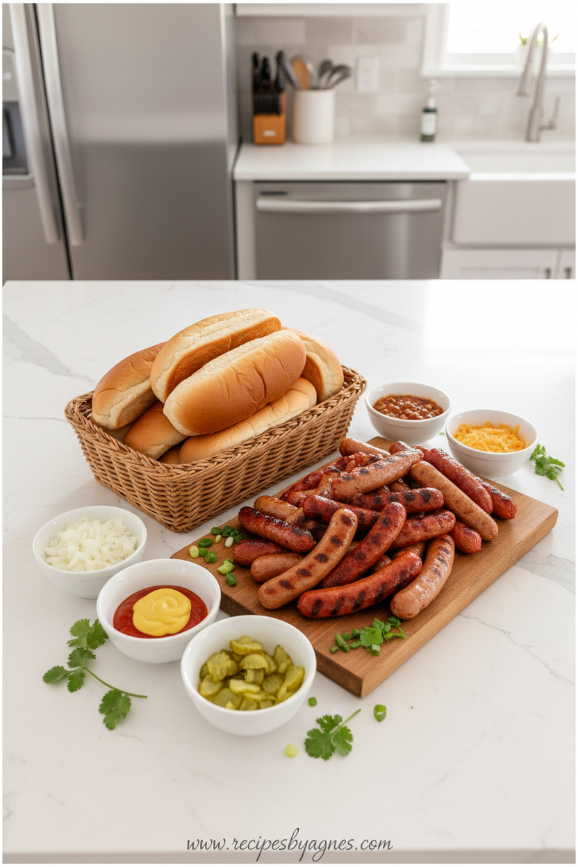 Assorted hot dog toppings and ingredients arranged beautifully