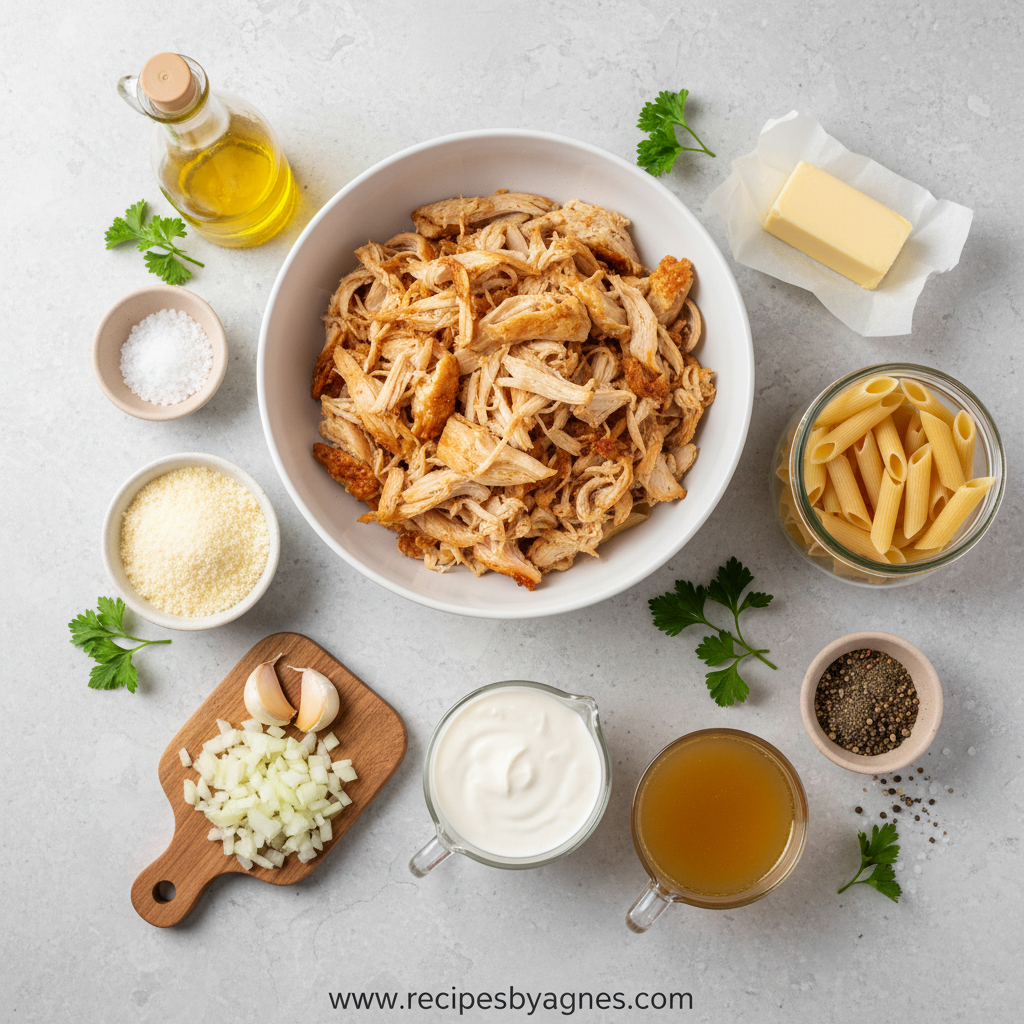 Ingredients for creamy chicken pasta including pasta, rotisserie chicken, cream, cheese, and seasonings