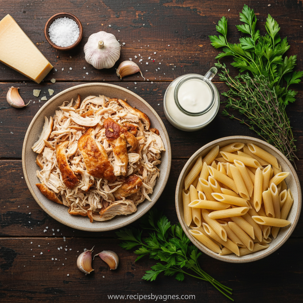 Ingredients for creamy chicken pasta