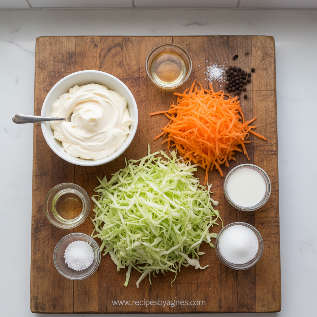 Ingredients for KFC coleslaw copycat recipe laid out on counter
