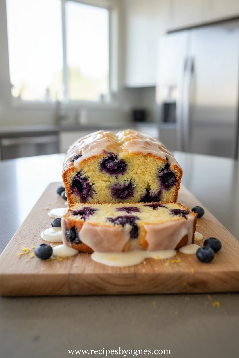 Beautiful lemon blueberry loaf with lemon glaze on a wooden cutting board