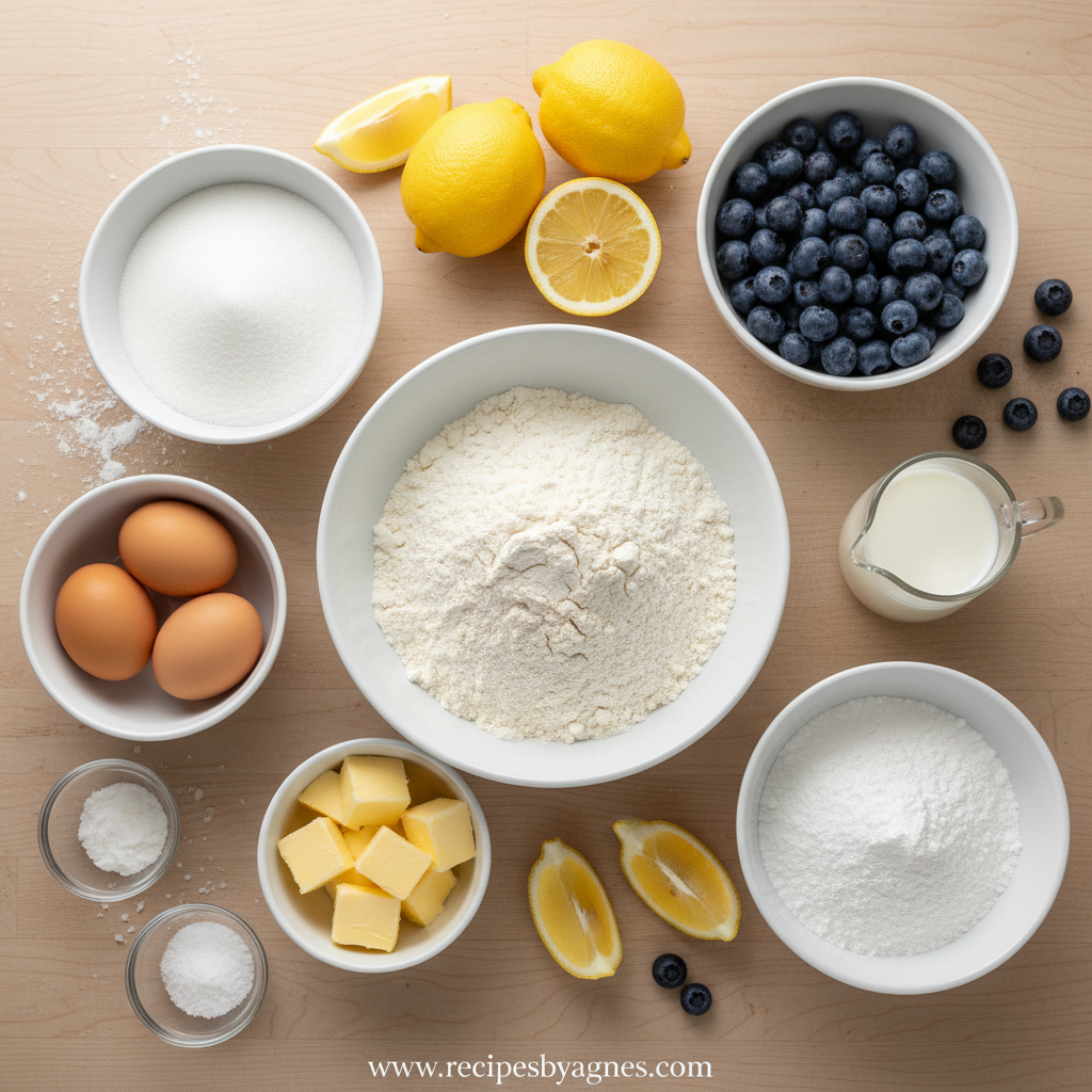 Ingredients for lemon blueberry loaf arranged beautifully