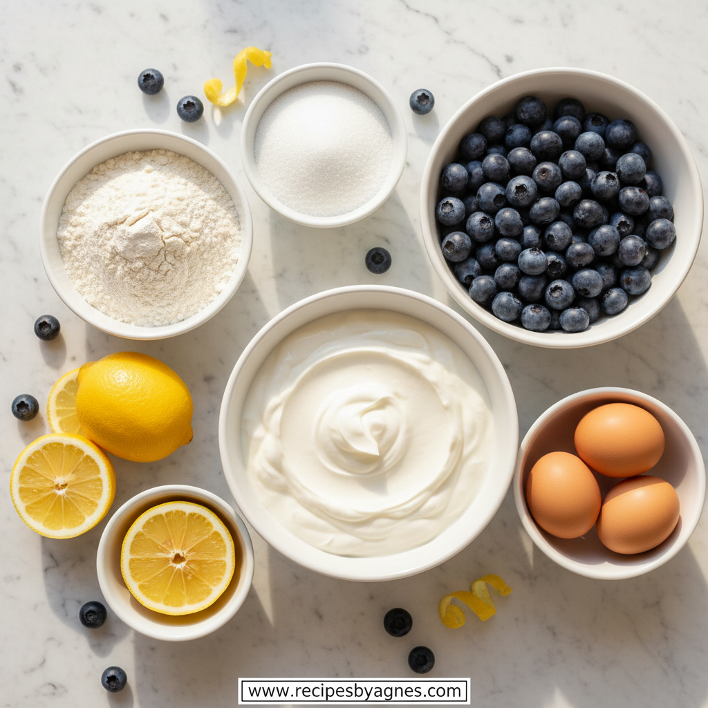 Ingredients for lemon blueberry yogurt loaf