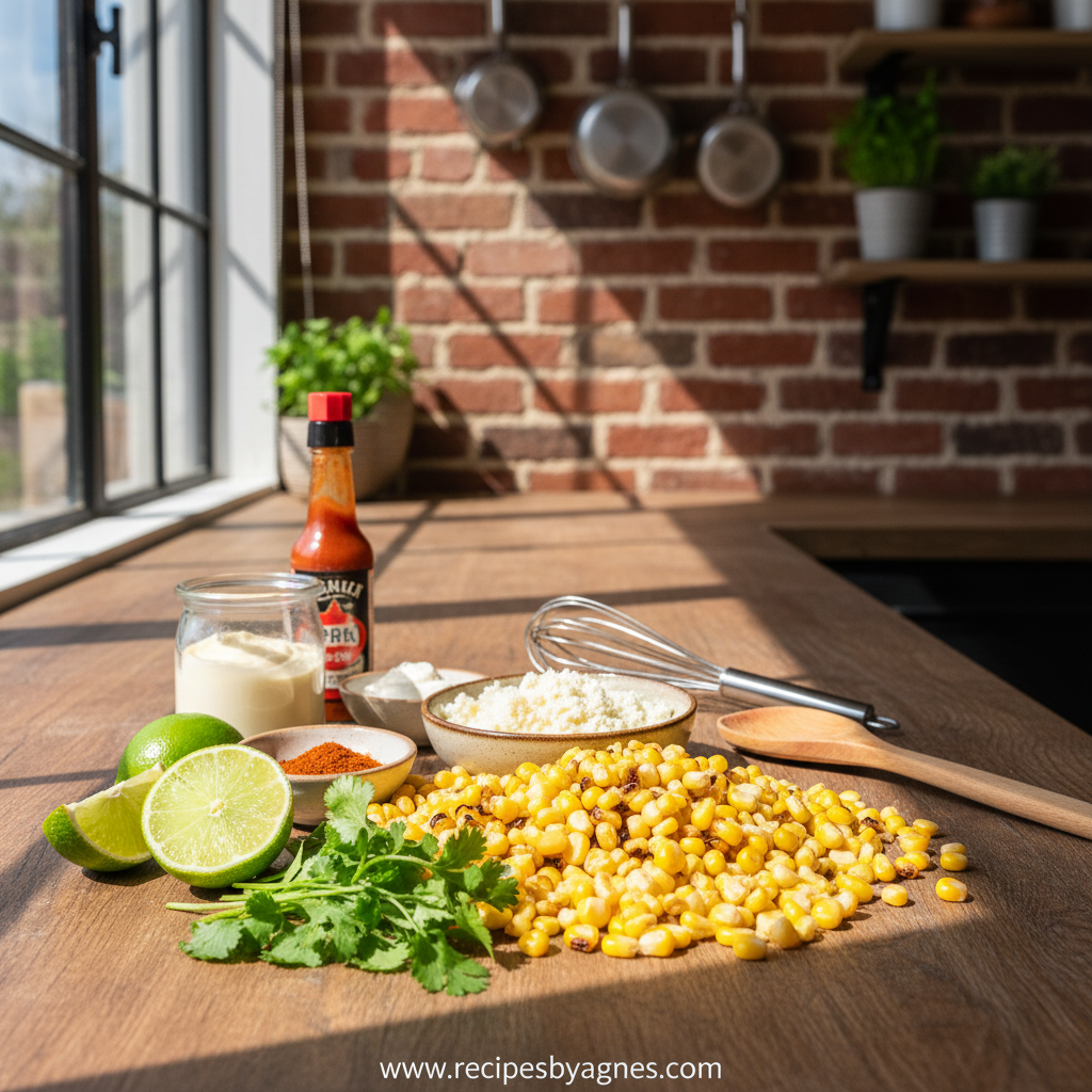Fresh ingredients for Mexican esquites corn salad including corn, cotija cheese, and seasonings