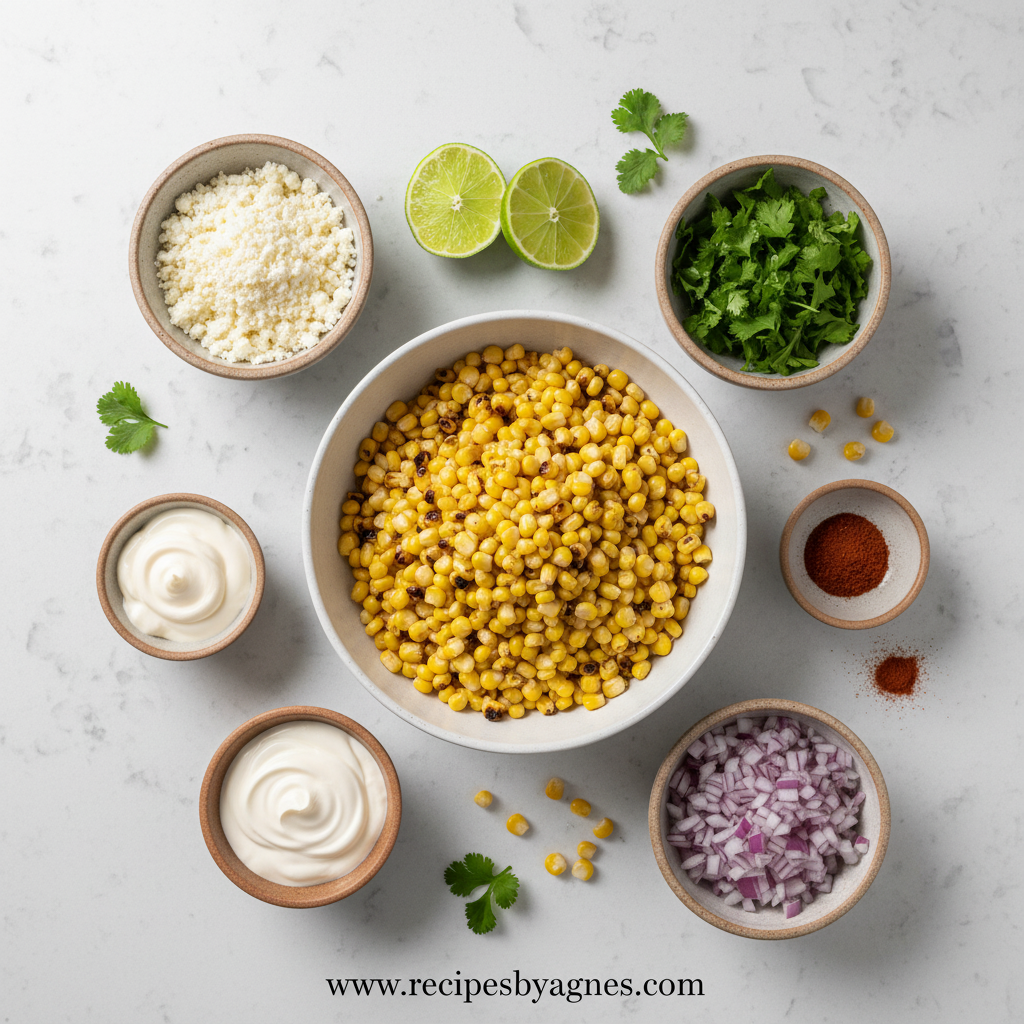 Fresh ingredients for Mexican corn salad including corn, lime, cilantro, and spices