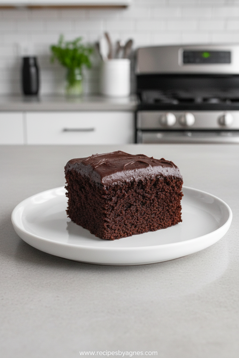 Moist fudgy chocolate cake slices with rich frosting