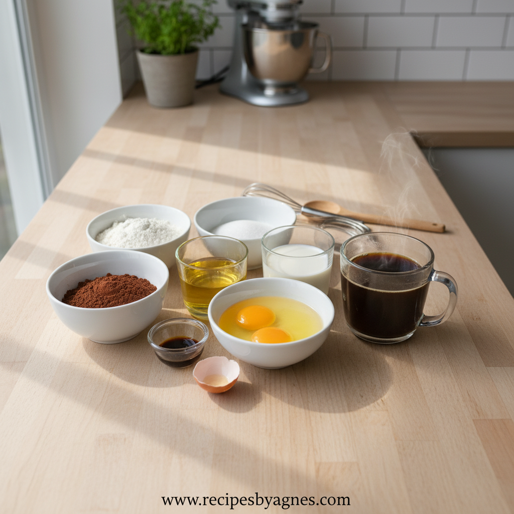 Ingredients for chocolate cake laid out on counter