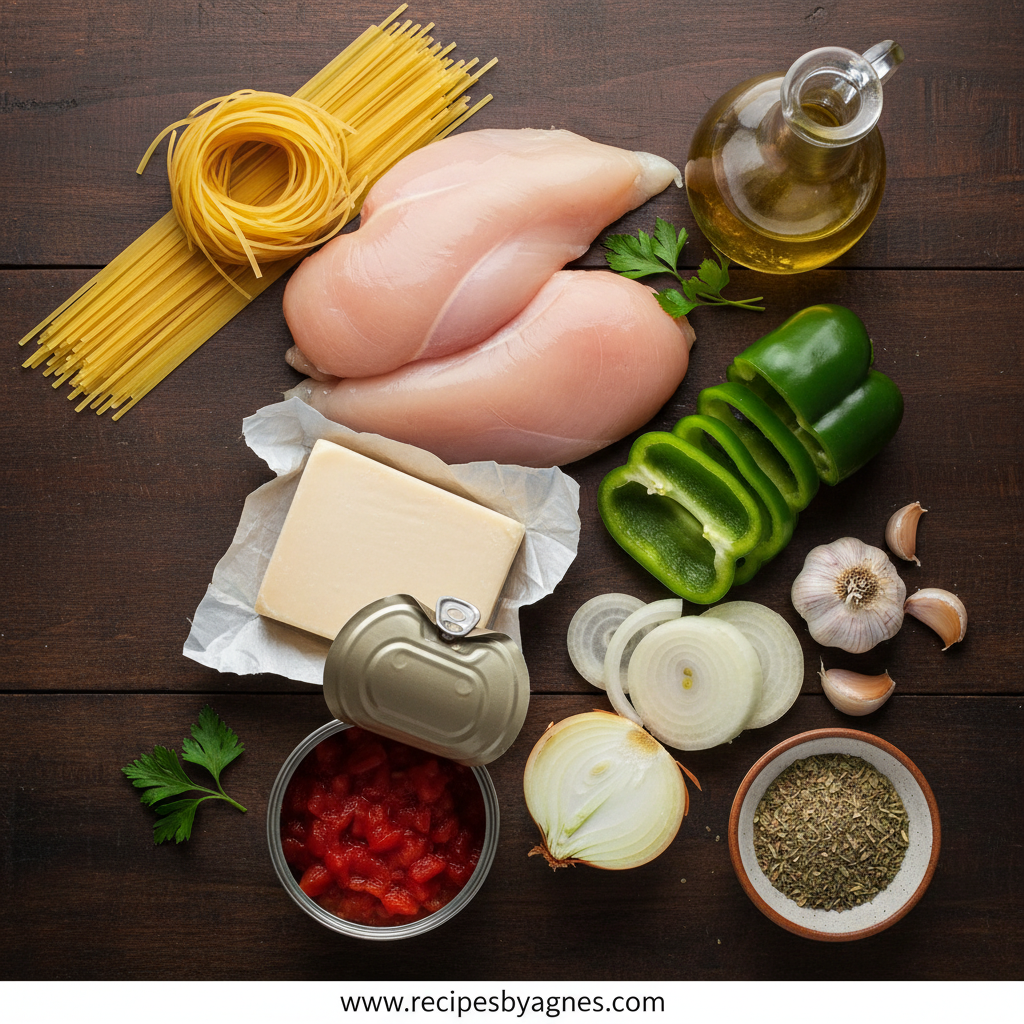Ingredients for Monterey chicken spaghetti including pasta, chicken, cheese, and vegetables