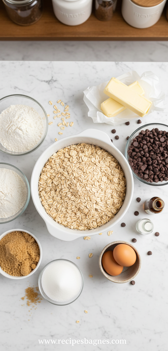 Ingredients for chocolate chip oatmeal cookies laid out on counter