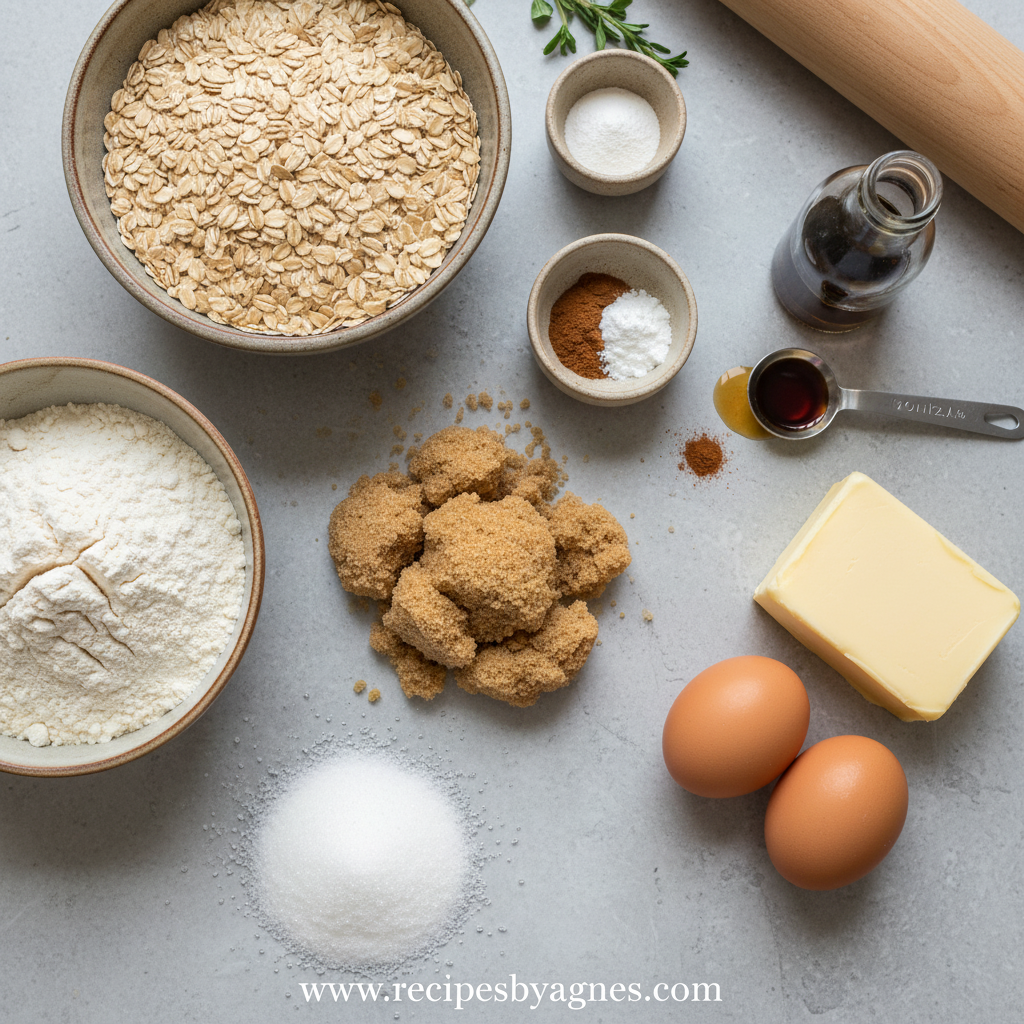 Ingredients for making soft chewy oatmeal cookies