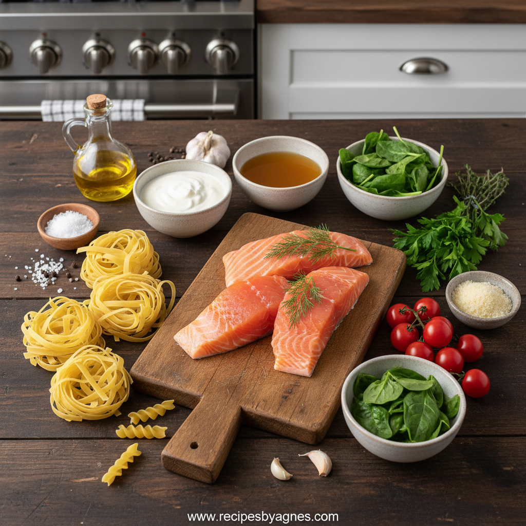 Ingredients for creamy salmon pasta: salmon fillet, pasta, cream, garlic, parmesan