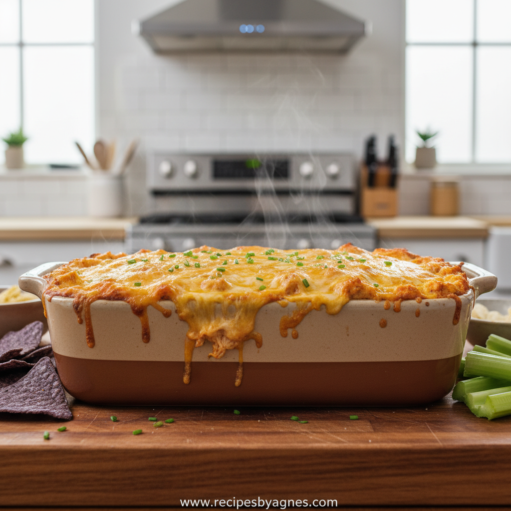 Creamy oven baked buffalo chicken dip served warm with tortilla chips