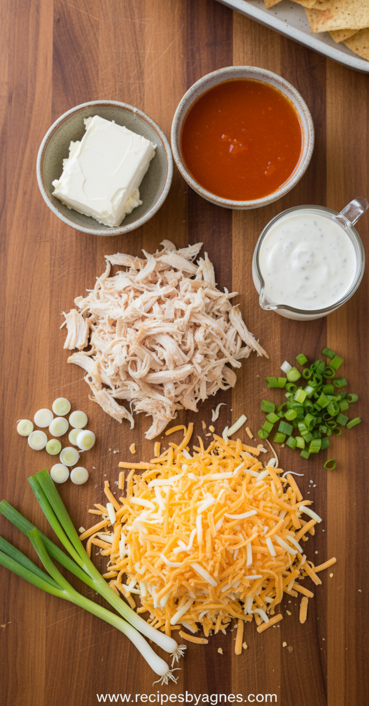 Ingredients for buffalo chicken dip including cream cheese, cooked chicken, buffalo sauce, and shredded cheeses