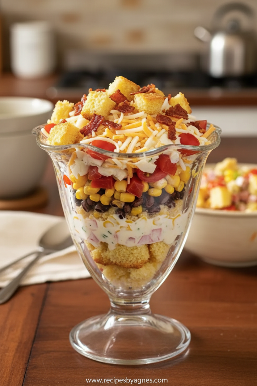 Paula Deen cornbread salad with colorful layers in a glass bowl