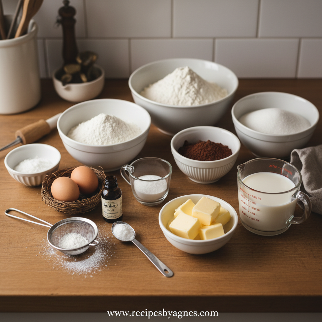 Ingredients for chocolate sheet cake including flour, cocoa powder, and sugar