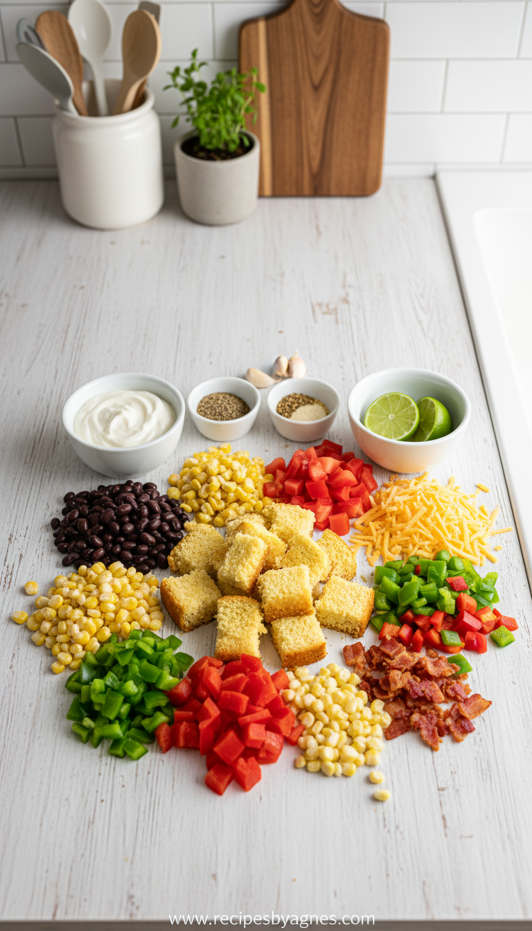 Ingredients for colorful cornbread salad including cornbread, vegetables, and ranch dressing