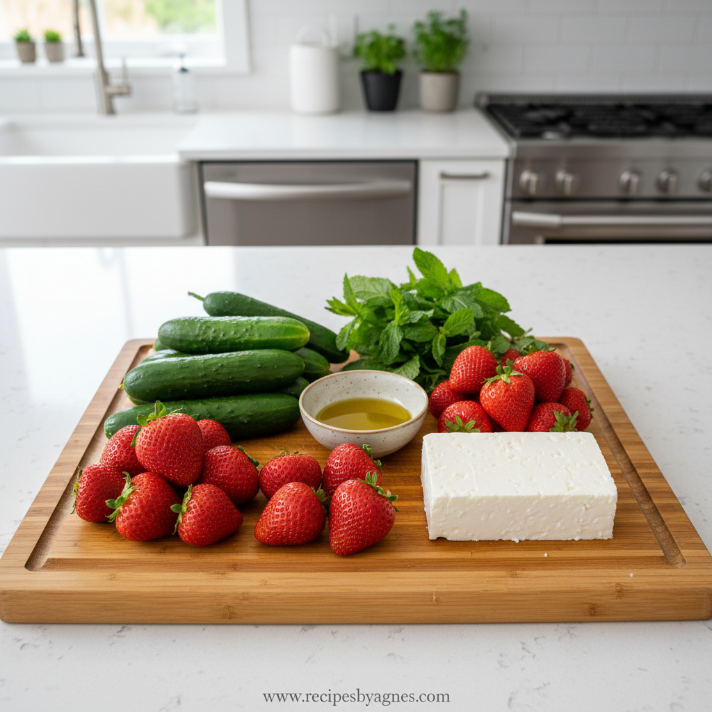 Fresh ingredients for cucumber strawberry salad including feta cheese and mint