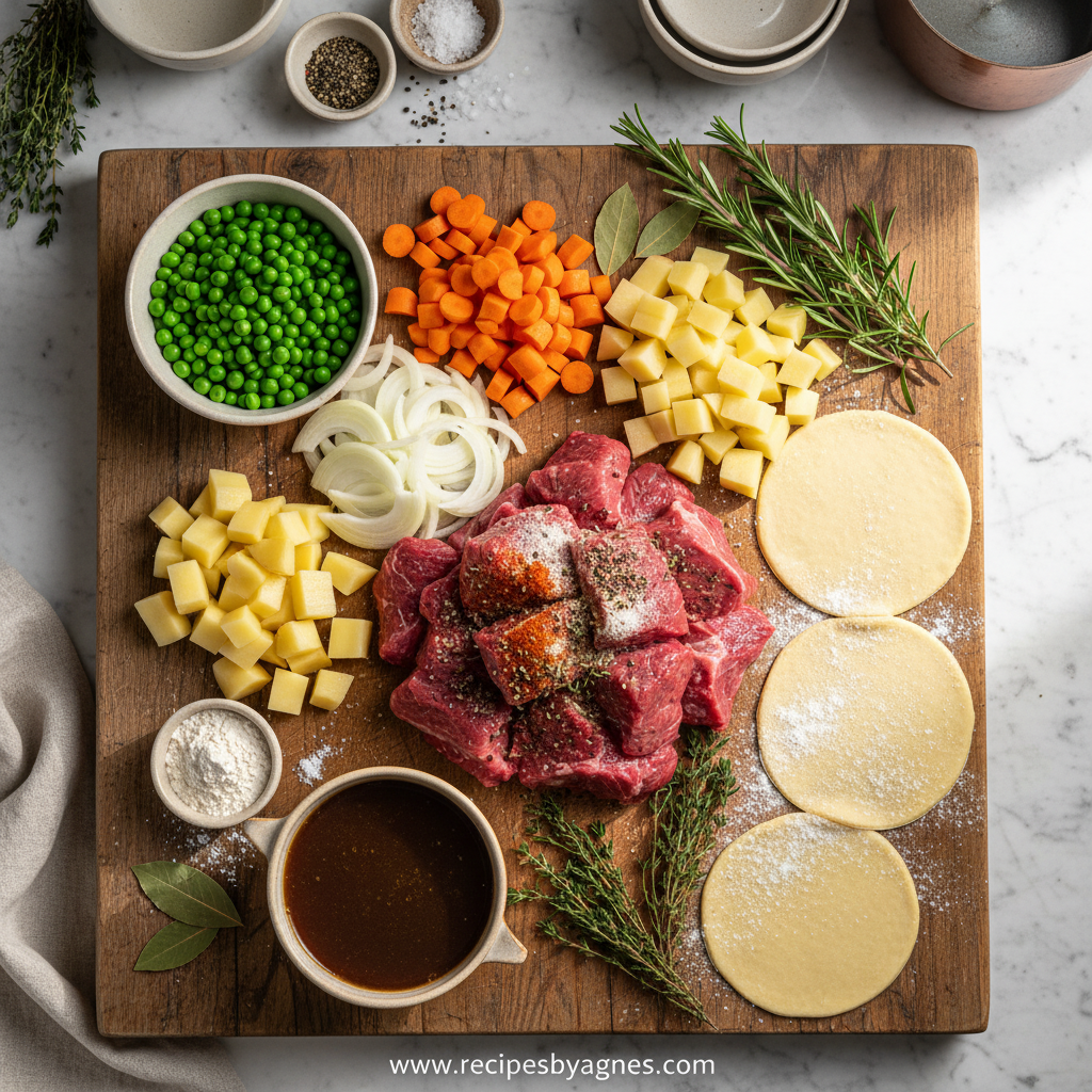 Ingredients for savory beef stew pot pie