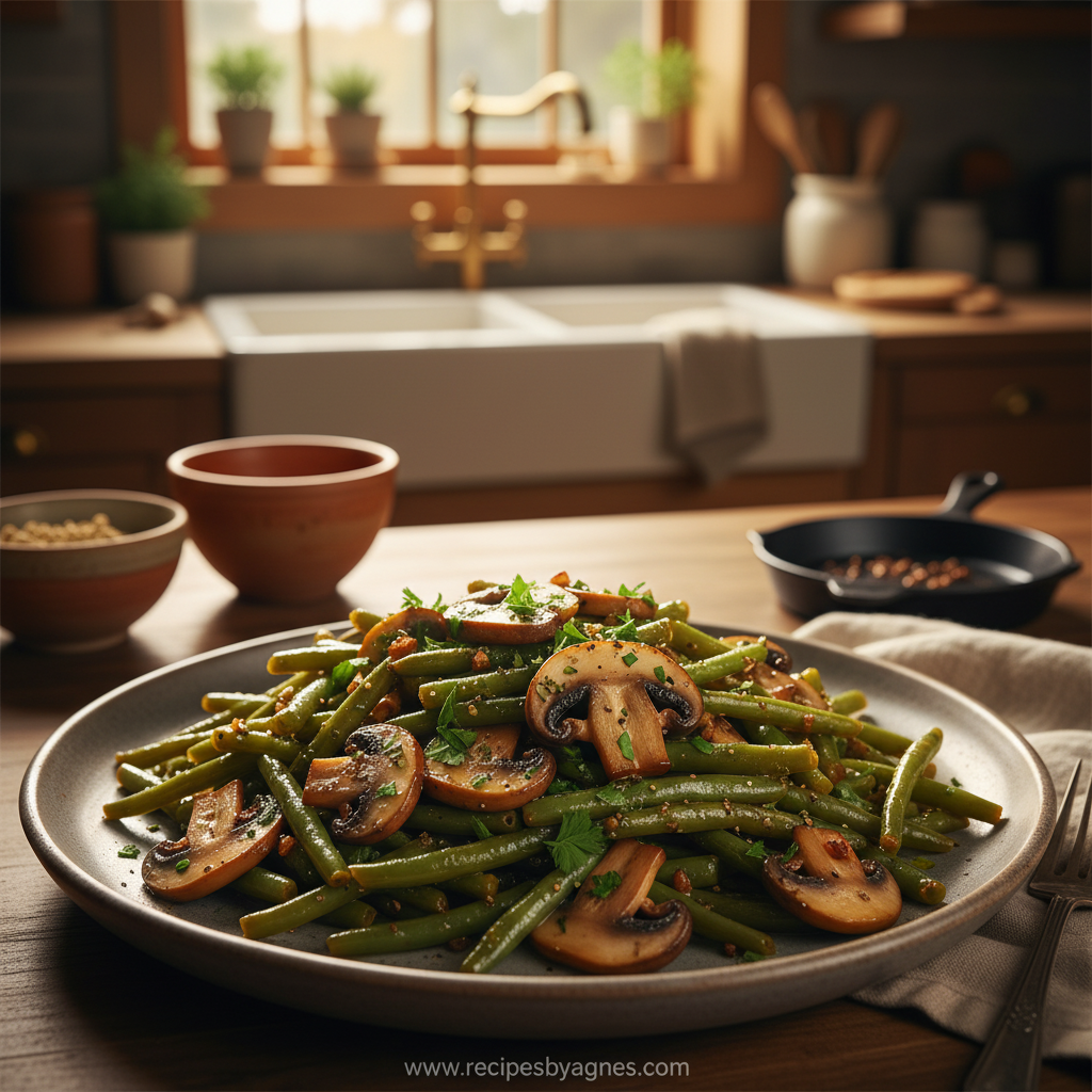 Savory garlic butter green beans and mushrooms in a skillet