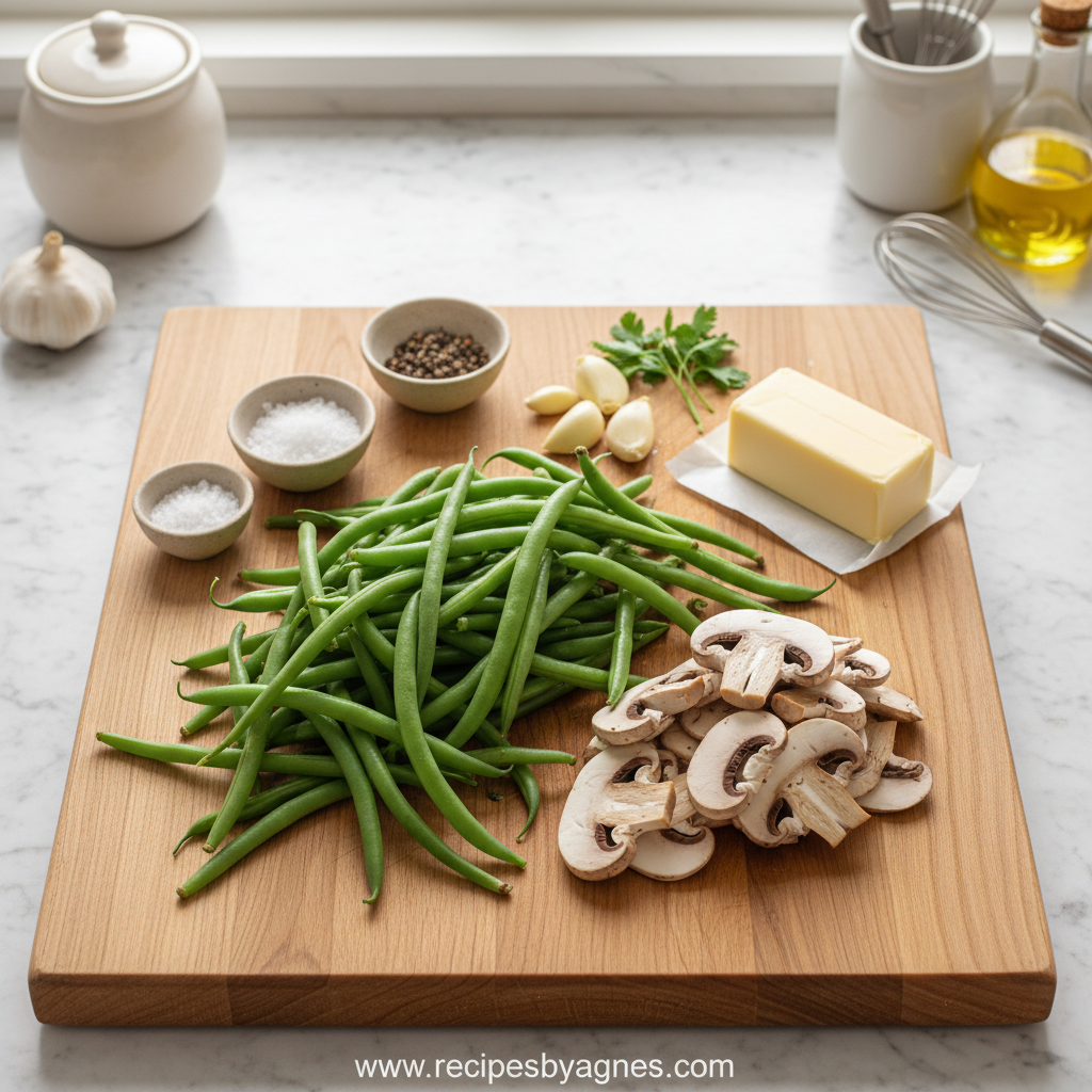 Ingredients for garlic butter green beans and mushrooms