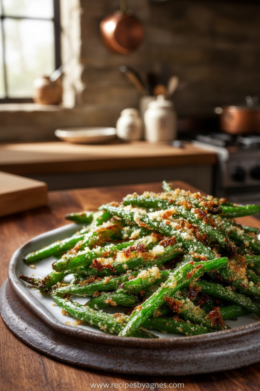 Savory garlic Parmesan roasted green beans in a baking dish