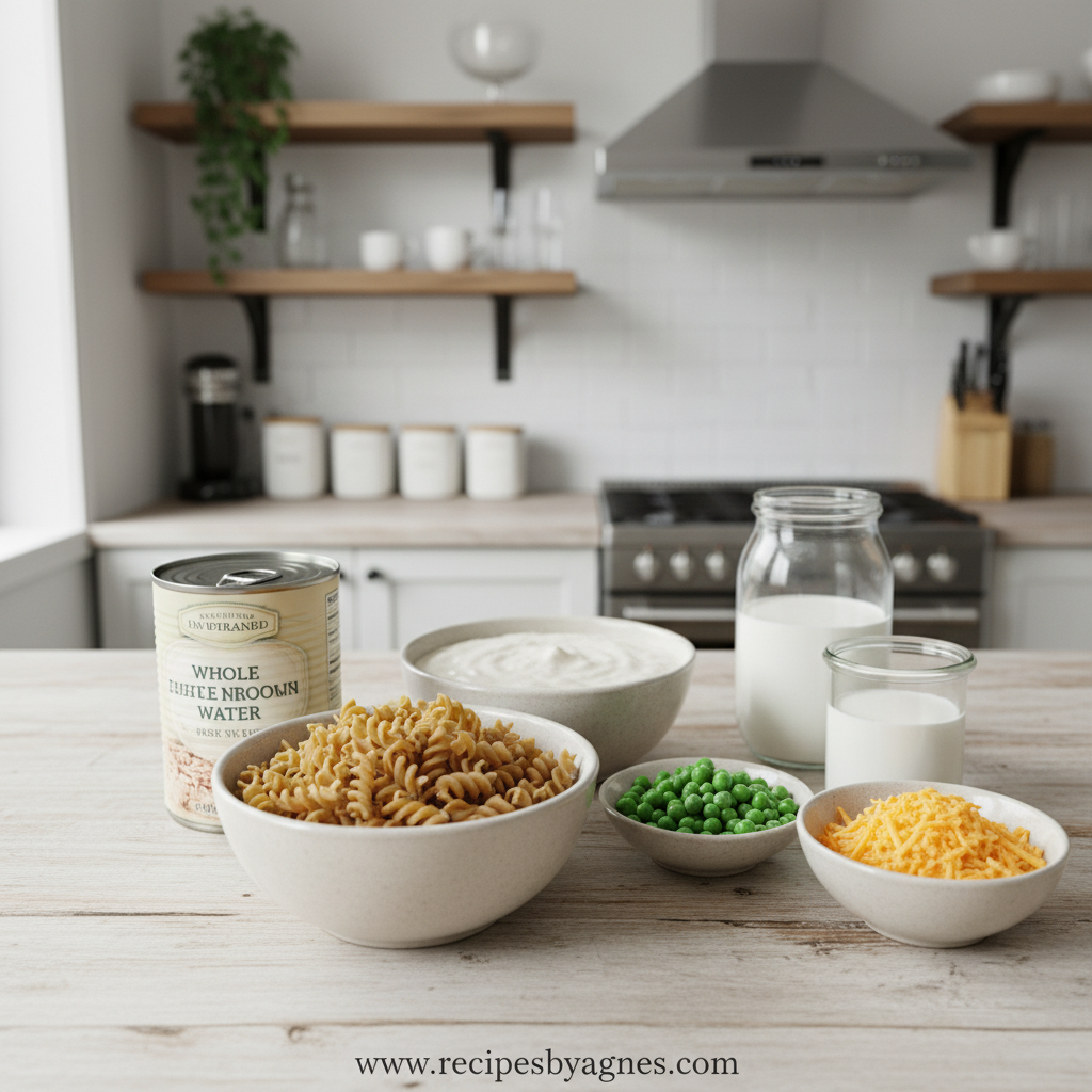 Ingredients for skinny tuna noodle casserole lined up ready for preparation