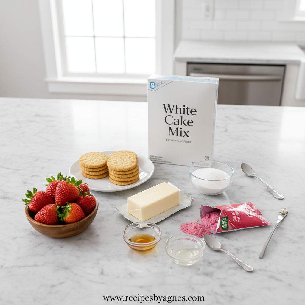 Ingredients for strawberry crunch cake laid out on counter