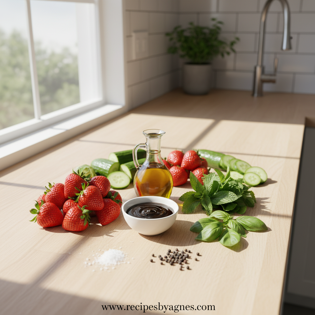 Ingredients for strawberry cucumber salad including fresh strawberries, cucumber, feta cheese, mint, and lemon
