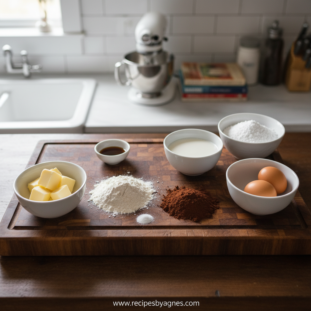 Ingredients for chocolate sheet cake arranged neatly