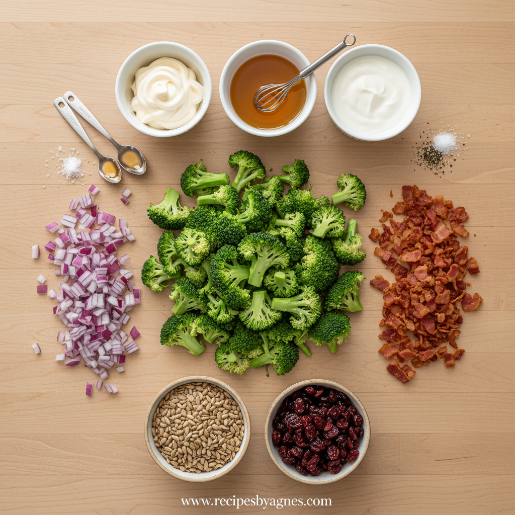 Fresh ingredients for broccoli salad including broccoli, beef bacon, walnuts, and dressing ingredients