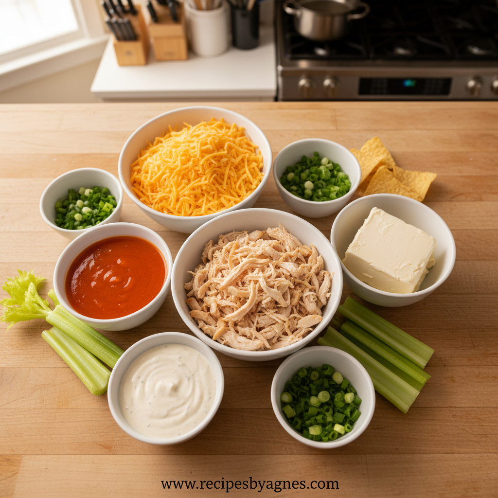 Ingredients for buffalo chicken dip including cream cheese, buffalo sauce, shredded chicken, and shredded cheese