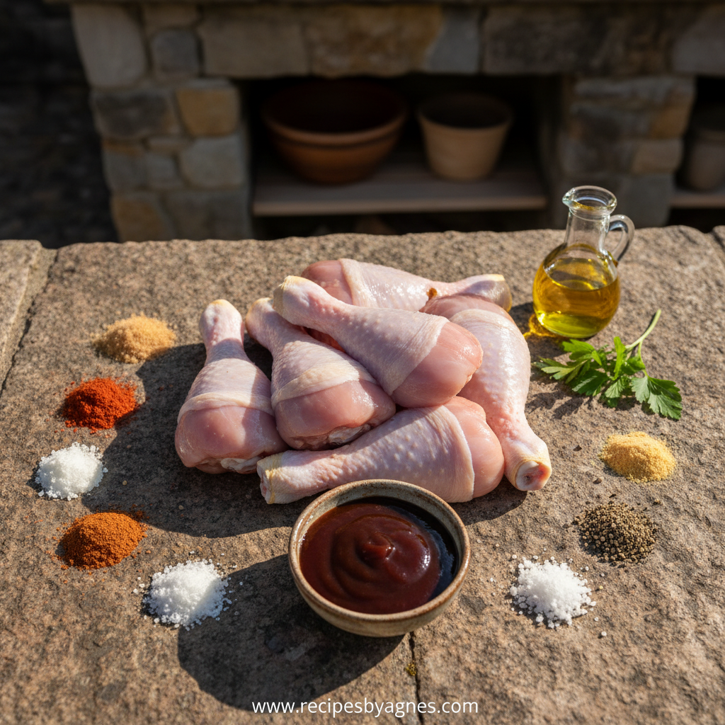 Ingredients for grilled BBQ chicken legs including chicken, spices, and barbecue sauce