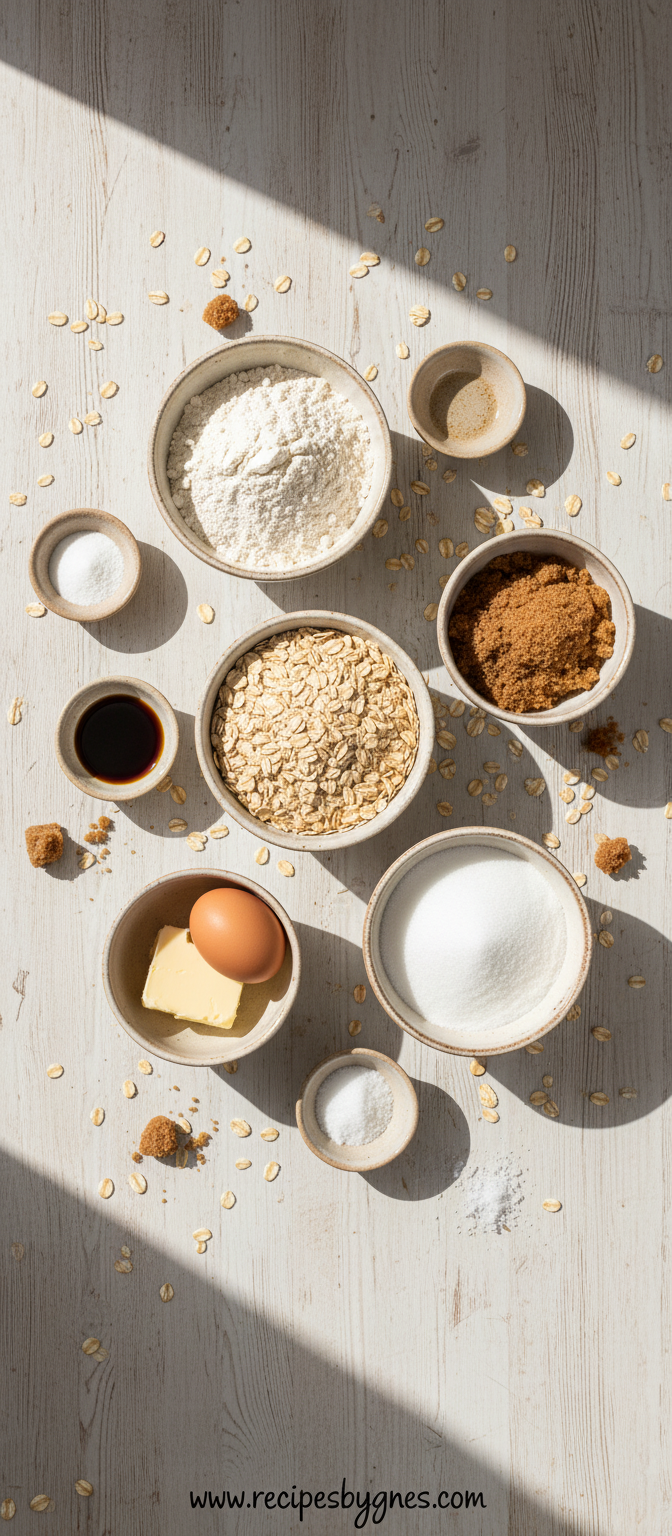 Ingredients for easy oatmeal cookies laid out on counter