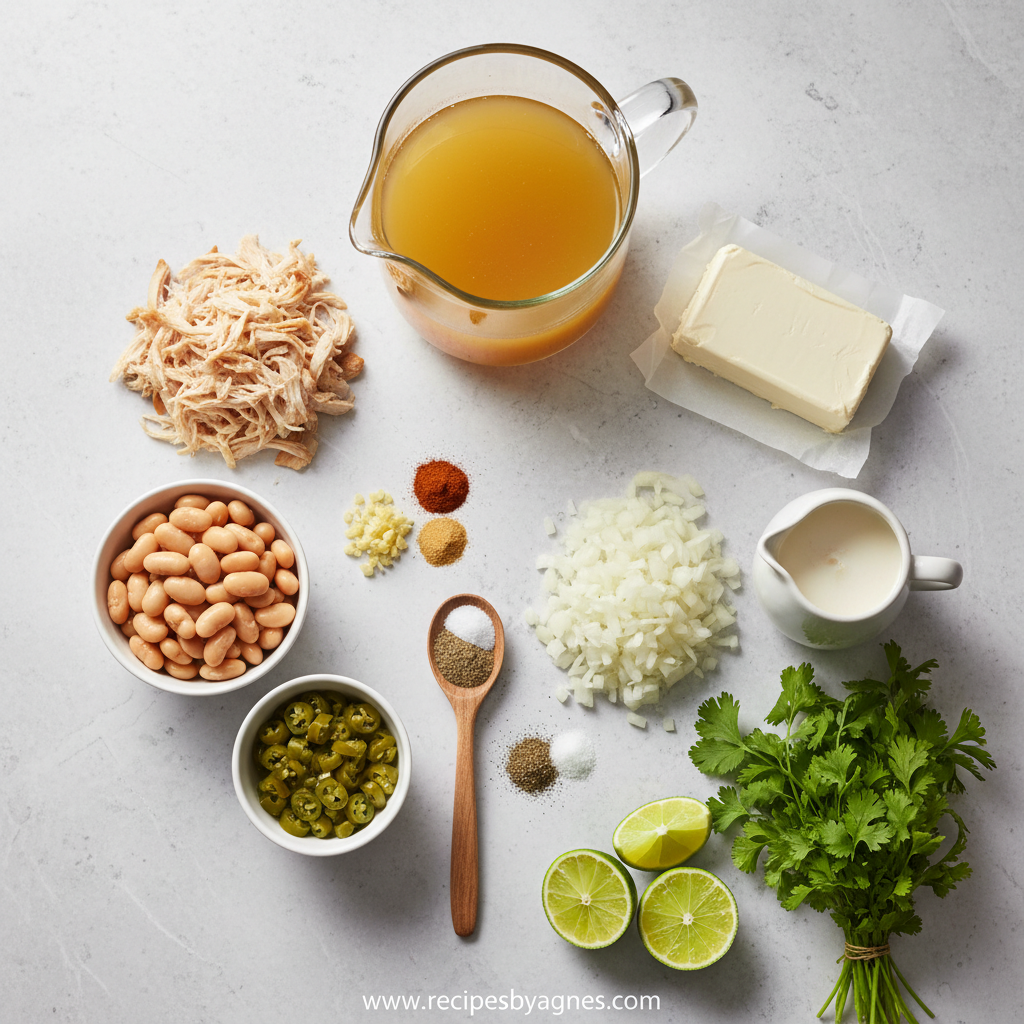 Ingredients for white chicken chili including chicken, beans, and vegetables