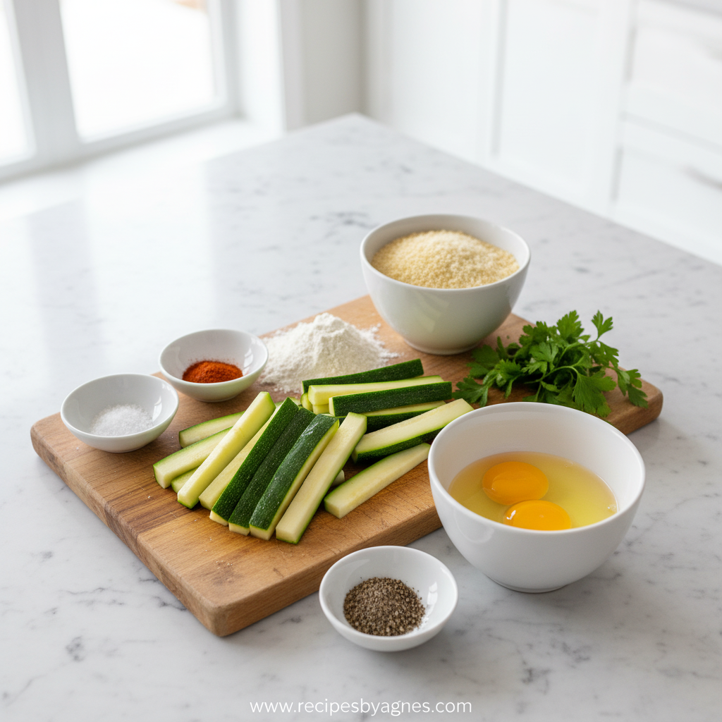 Ingredients for air fryer zucchini fries including zucchini, breadcrumbs, and spices