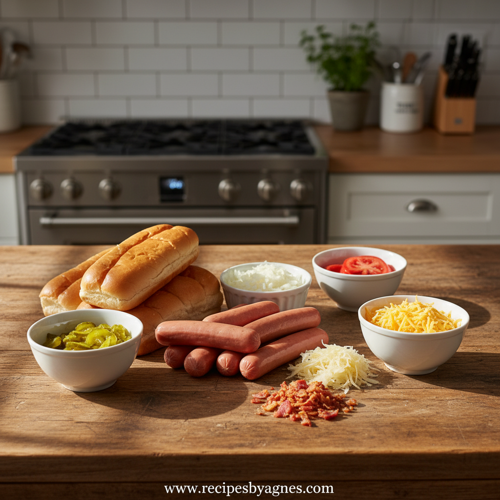 Assorted hot dog toppings and ingredients displayed beautifully