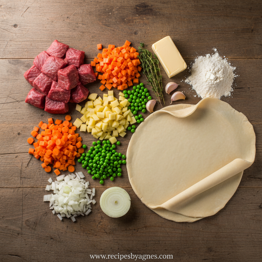 Ingredients for classic beef pot pie including beef, vegetables, and pastry