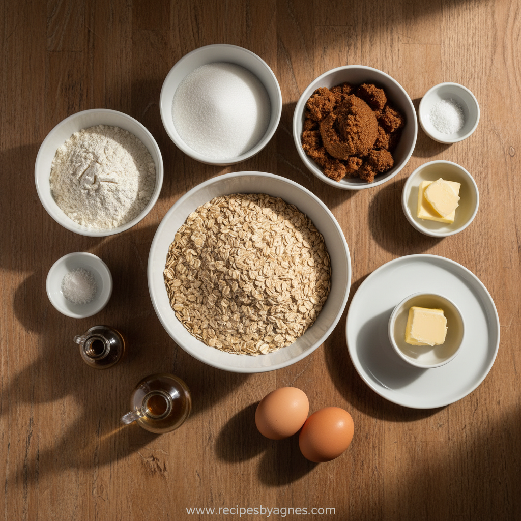 All ingredients for one bowl oatmeal cookies laid out