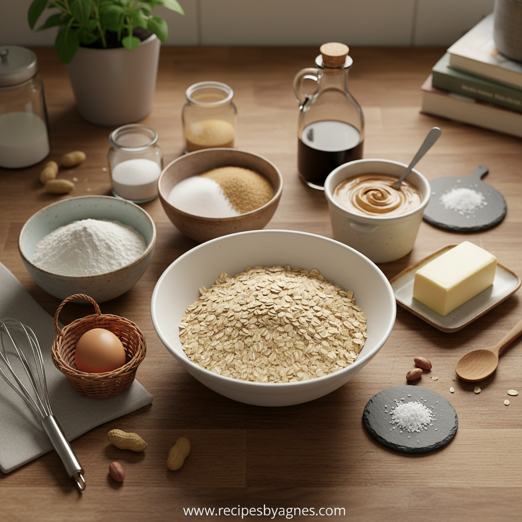 Ingredients for peanut butter oatmeal cookies including oats, peanut butter, flour, and spices