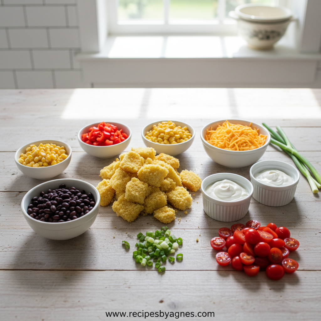 Ingredients for Southern cornbread salad arranged on counter