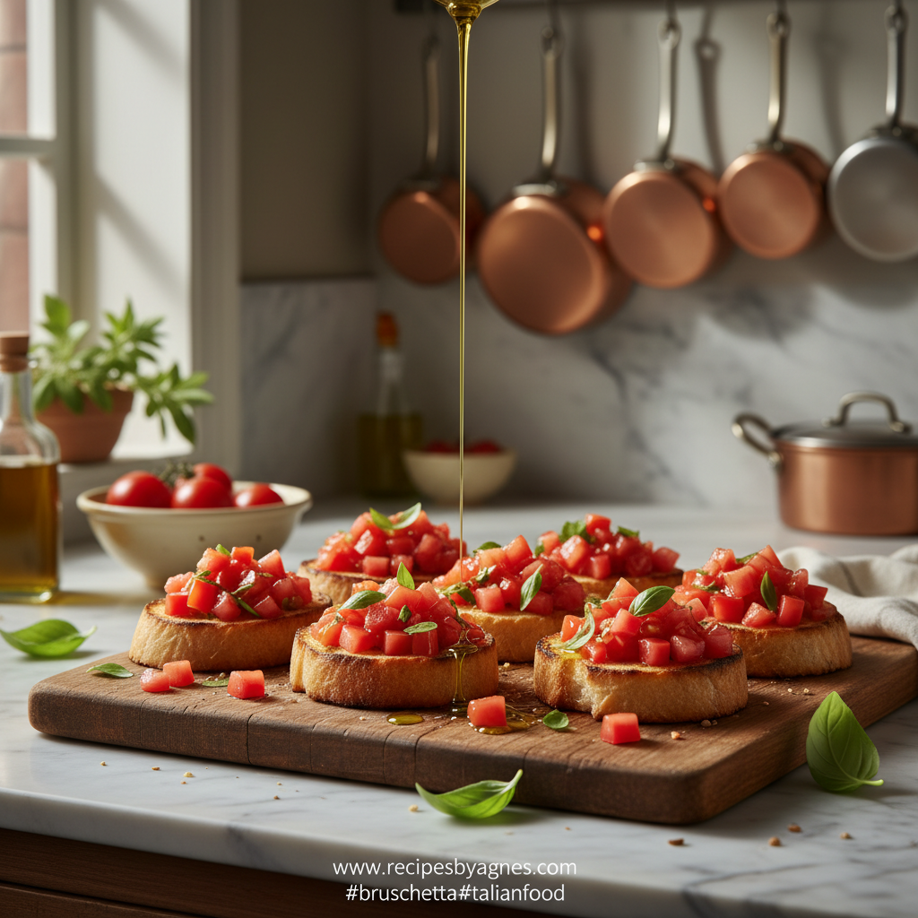 Authentic Italian Bruschetta served on a rustic wooden board