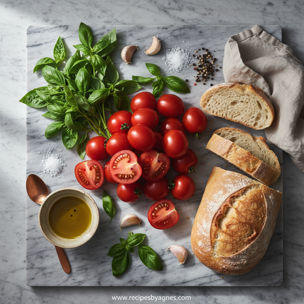 Fresh ingredients for bruschetta: tomatoes, basil, garlic, and bread