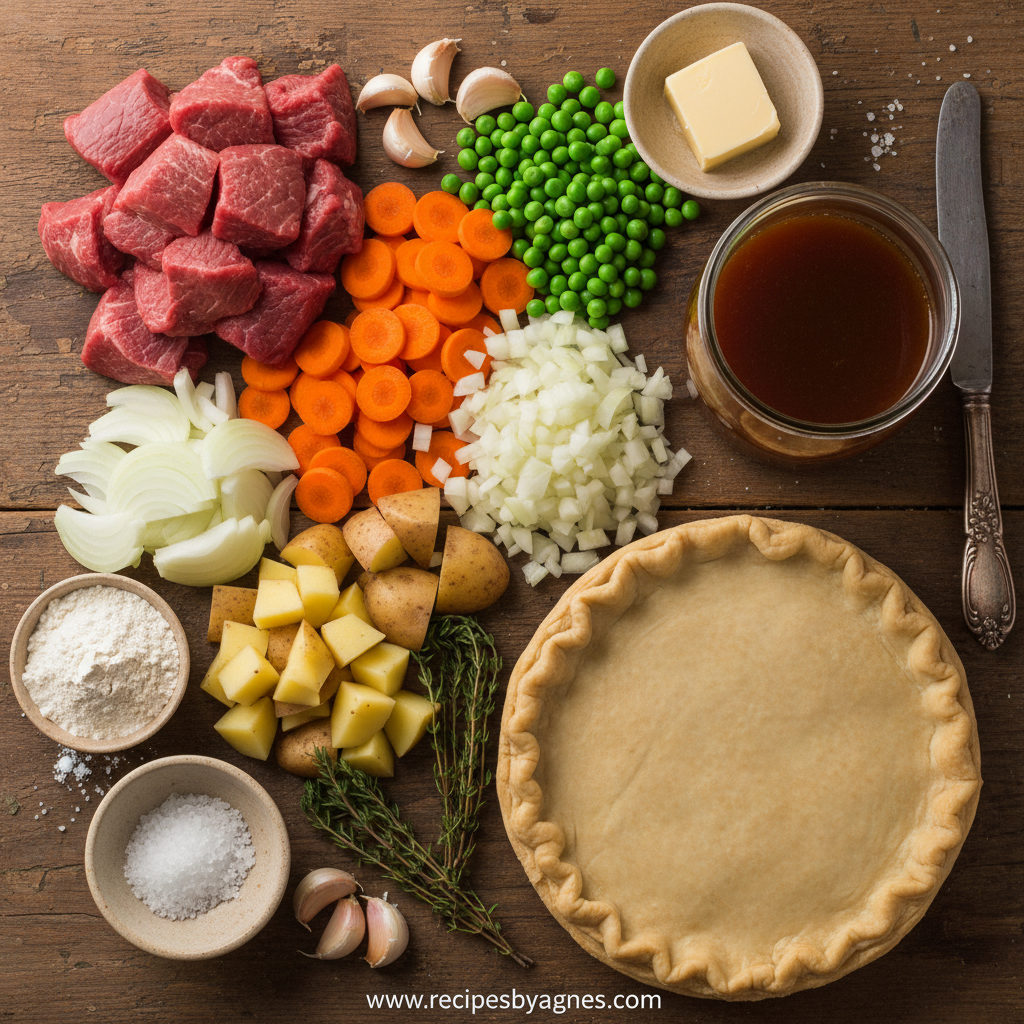 Ingredients for beef pot pie laid out on a counter