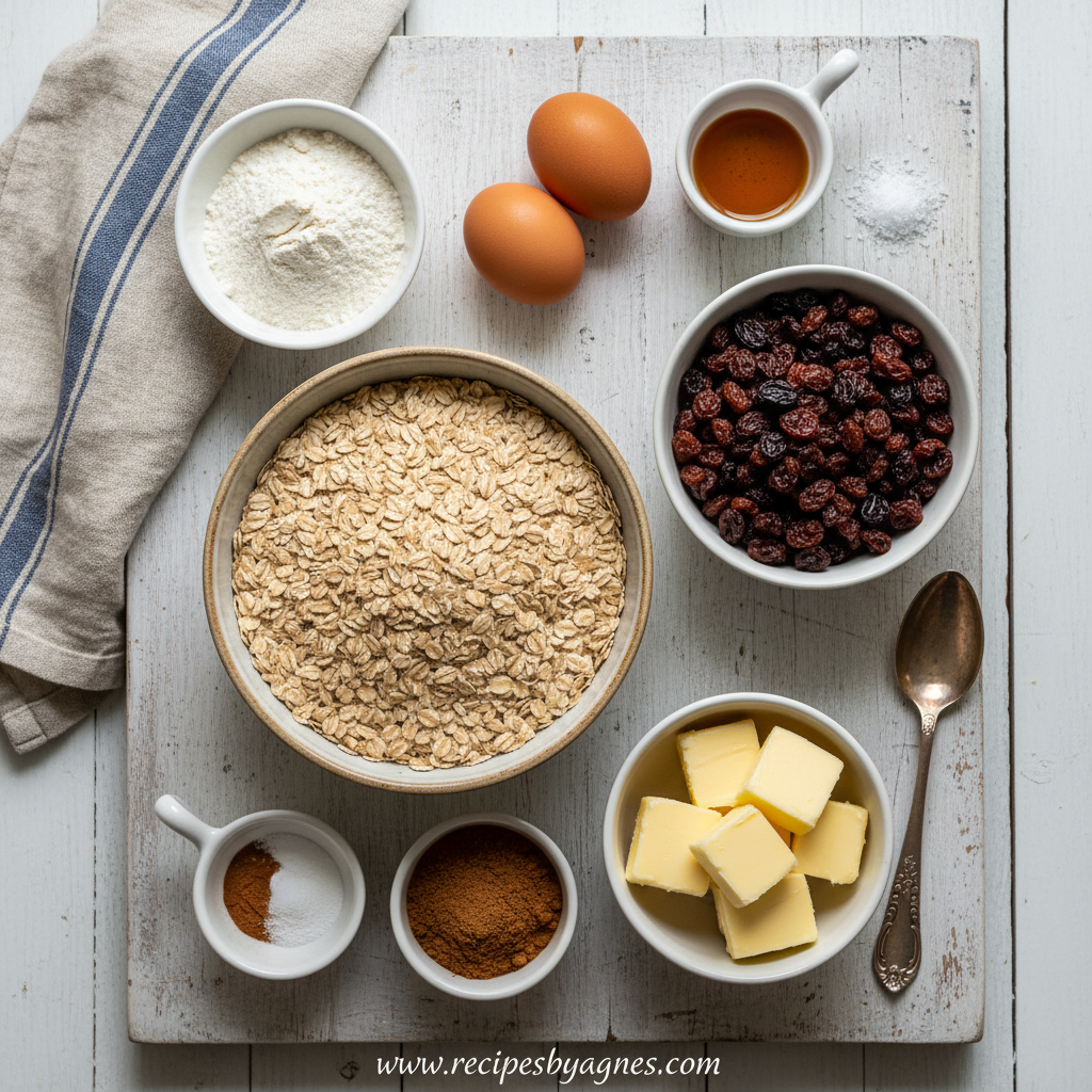 Ingredients for oatmeal cookies laid out on a counter