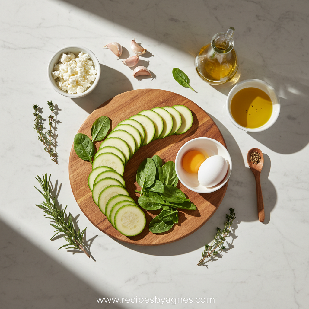 Ingredients for Baked Zucchini, Spinach, and Feta Casserole