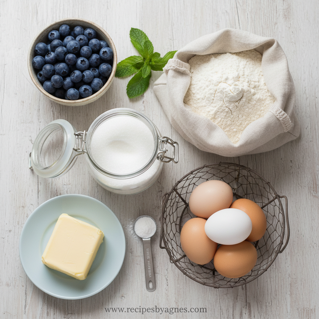 Ingredients for blueberry muffins with crumble topping