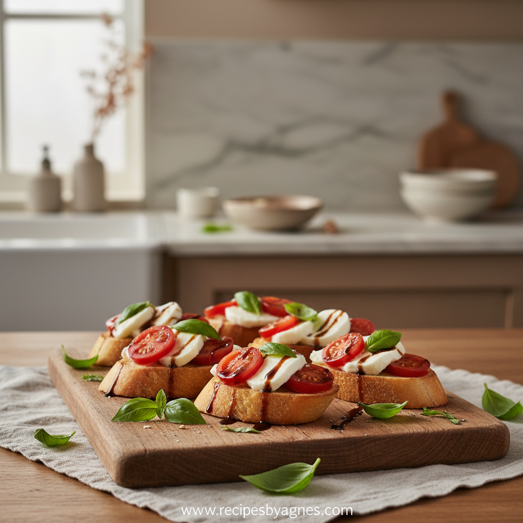 Caprese Bruschetta on a wooden board